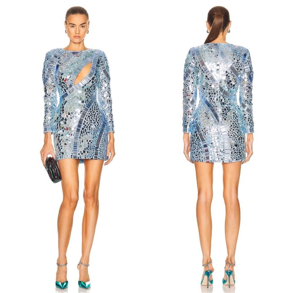 RETROFETE Kia Mirror Embellished Mosaic Long Sleeve Blue Atoll Mini Dress Sz M